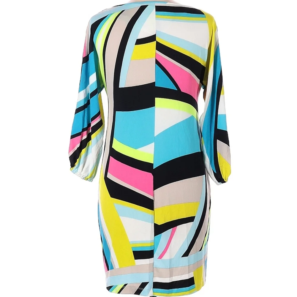 CALVIN KLEIN Colorful Geometric Shift 3/4 Slit Sleeves Sz 8 Dopamine Dress - Picture 3 of 4